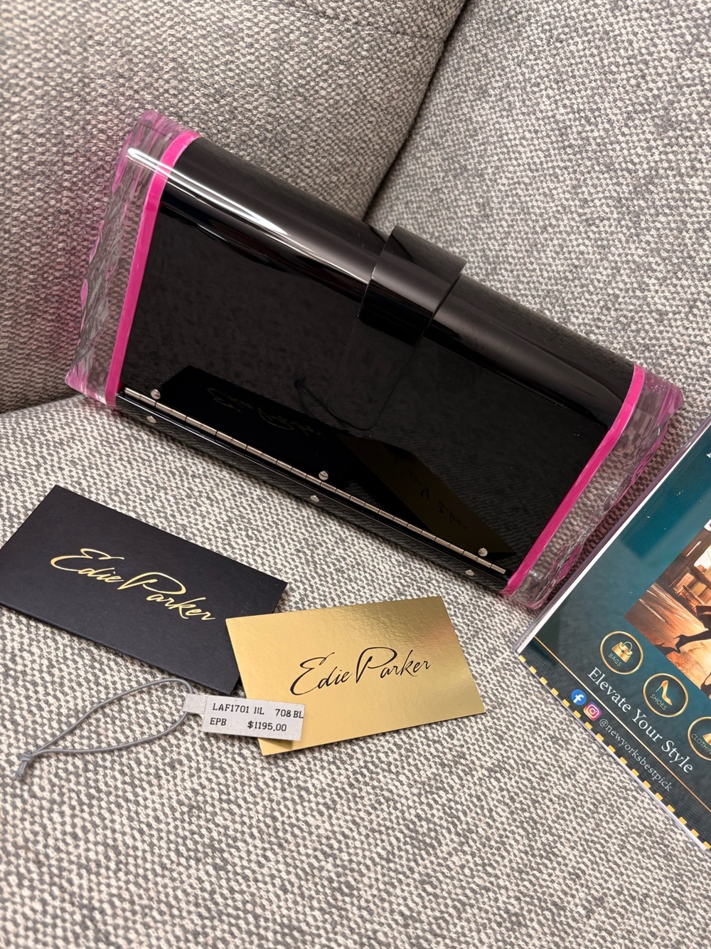 Edie Parker Black Acrylic Clutch with Pink Trim Accents